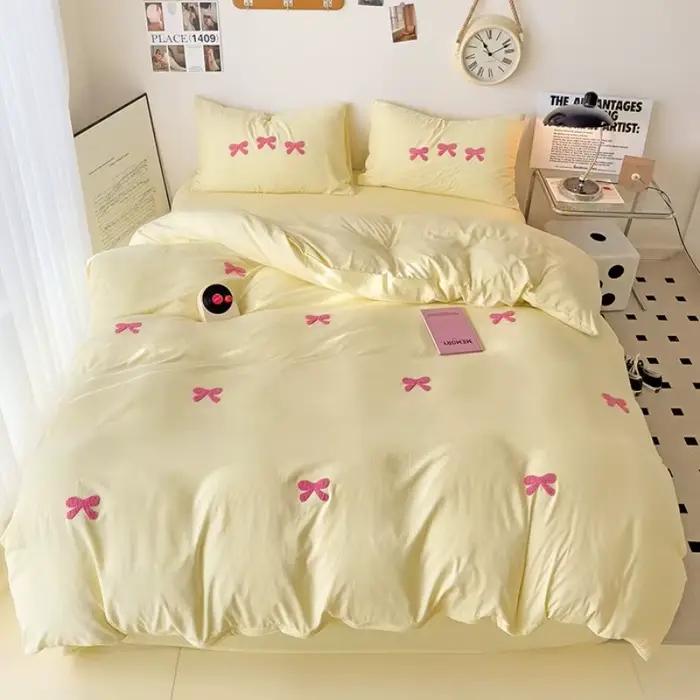 Parure de lit rose pour filles, avec nœud, housse de couette respirante coréenne, sans remplissage, drap plat, taies d'oreiller, mélange de couleurs