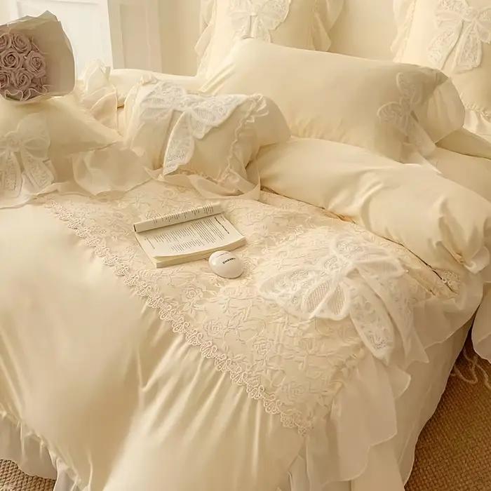 Parure de lit style princesse coréenne avec nœud en dentelle, couverture plissée, belle bordure, pour lit de maison, mariage, pour filles