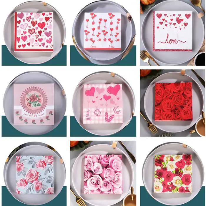 Lot de 20 serviettes en papier jetables imprimées Cœur et Rose pour la décoration de mariage et de fête DIY