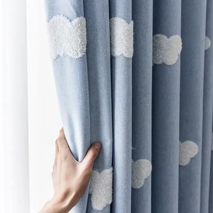 Rideaux pour enfants brodés de nuages 3D, pour l'obscurcissement de la pièce, isolation thermique, traitement de fenêtre occultant, rideaux de fenêtre supérieurs en œillets