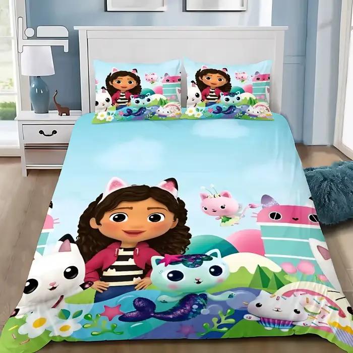Parure de lit dessin animé Gabby's Dollhouse – Housse de couette et taies d'oreiller pour chambre d'enfant