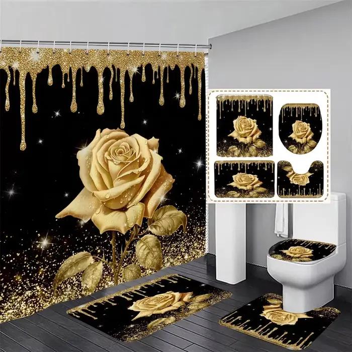 Rideau de douche et tapis à paillettes roses
