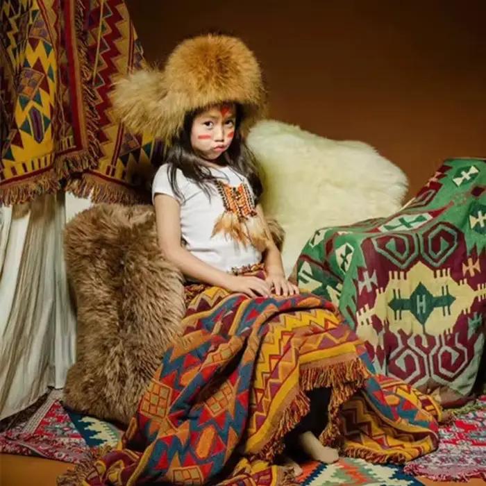 Rétro Plaid hiver coton lin tissé ligne couverture canapé serviette tricot épaissi chaud tapis bohème Boho jeter voyage couvre-lit