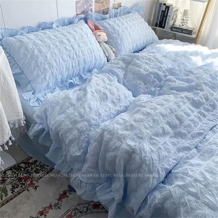 INS Girl-Parure de lit en seersucker pour fille, ensemble de literie en dentelle à volants, drap doux, housse d'oreiller, housse de couette, kawaii