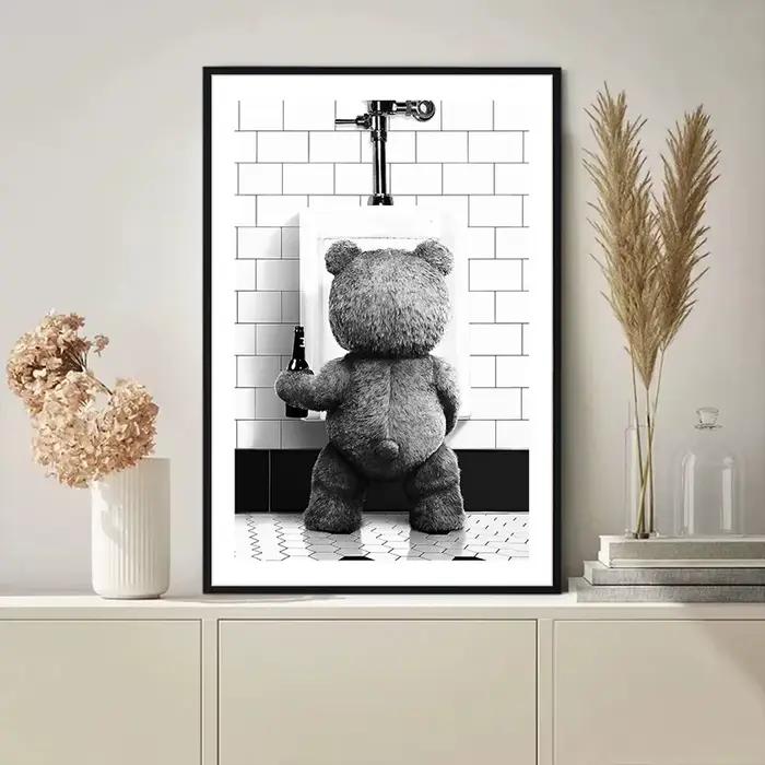 Affiche de décoration de salle de bains ours mignon noir et blanc