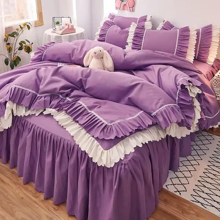 Parure de lit en dentelle rose à volants, ensemble de literie de luxe, jupe, drap, couvre-lit, housse de couette coréenne, couvre-lit princesse pour filles, taies d'oreiller
