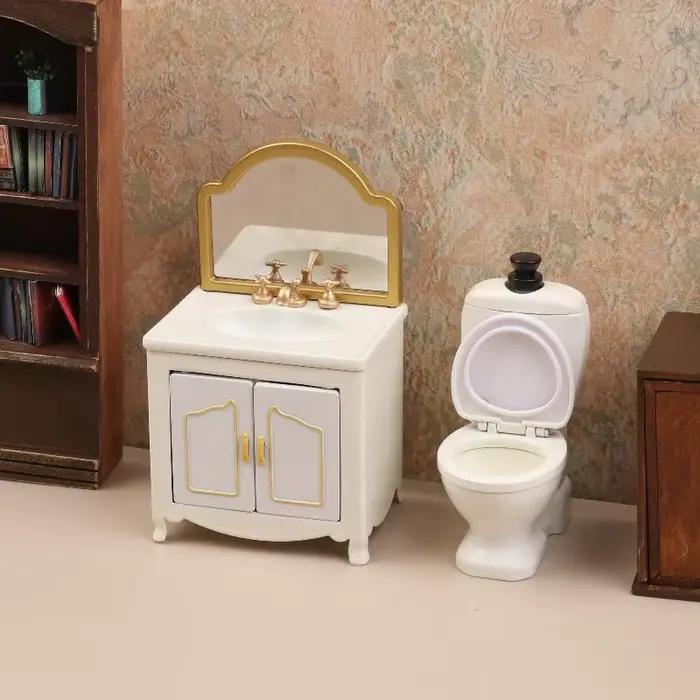 Modèle de meubles de salle de bain pour maison de poupée 1/12 : baignoire, toilettes, lavabo, armoire - Accessoires de décoration pour maison de poupée