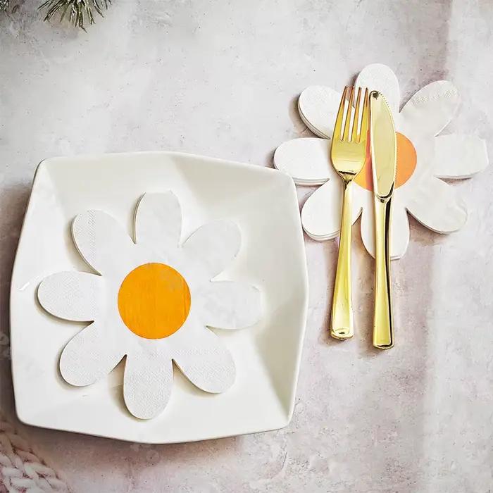 20 serviettes en papier à motifs floraux - Jaune, orange, violet, blanc, serviettes de table douces en forme de pétales pour mariage, fête, décoration