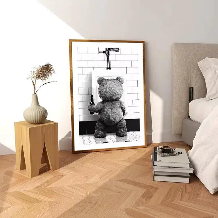 Affiche de décoration de salle de bains ours mignon noir et blanc