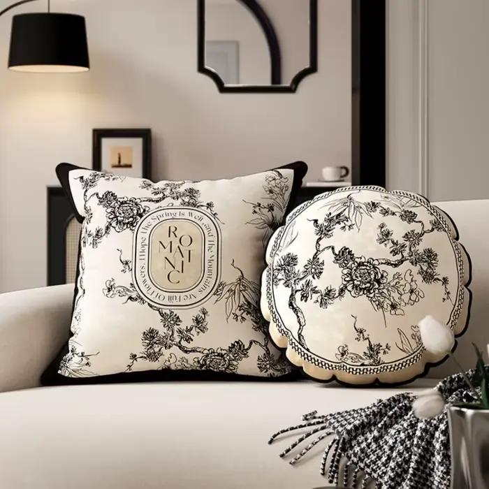 Juste de coussin en velours noir ivoire rétro