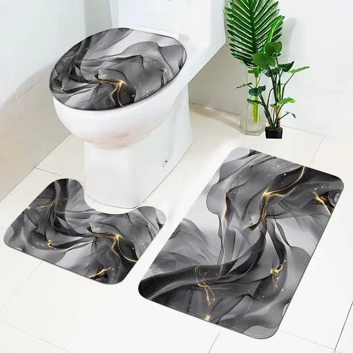 Ensemble de trois pièces de salle de bain à motif de marbre noir et doré de luxe léger