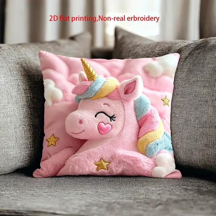 [Taie d'oreiller Licorne] Une jolie taie d'oreiller licorne avec une queue arc-en-ciel et des étoiles, avec un imprimé rose sur un côté.
