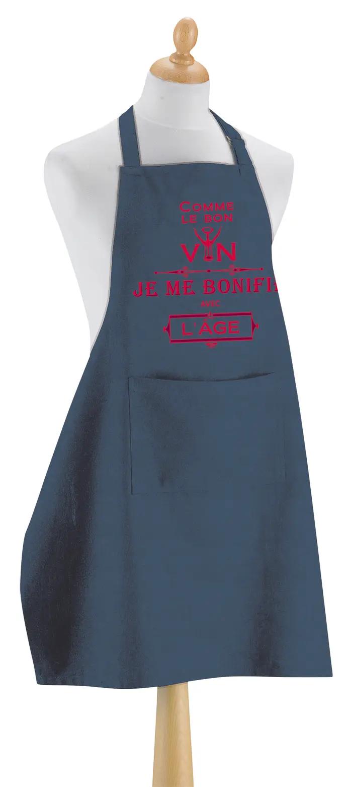 Tablier de cusine Je me bonifie avec l'ge recycl Rouge Indigo 72 x 90