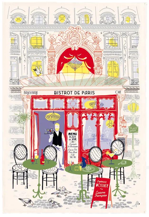 Torchon Imprim Faade bistrot Ecru 48 x 72