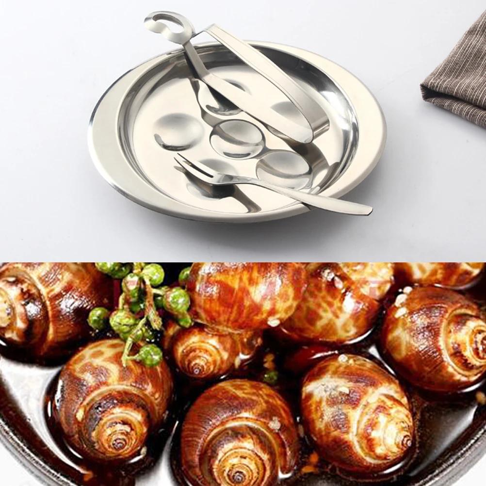 Ensemble d'assiettes d'escargot à 6 compartiments en acier inoxydable, 3 pièces, avec fourchette à e