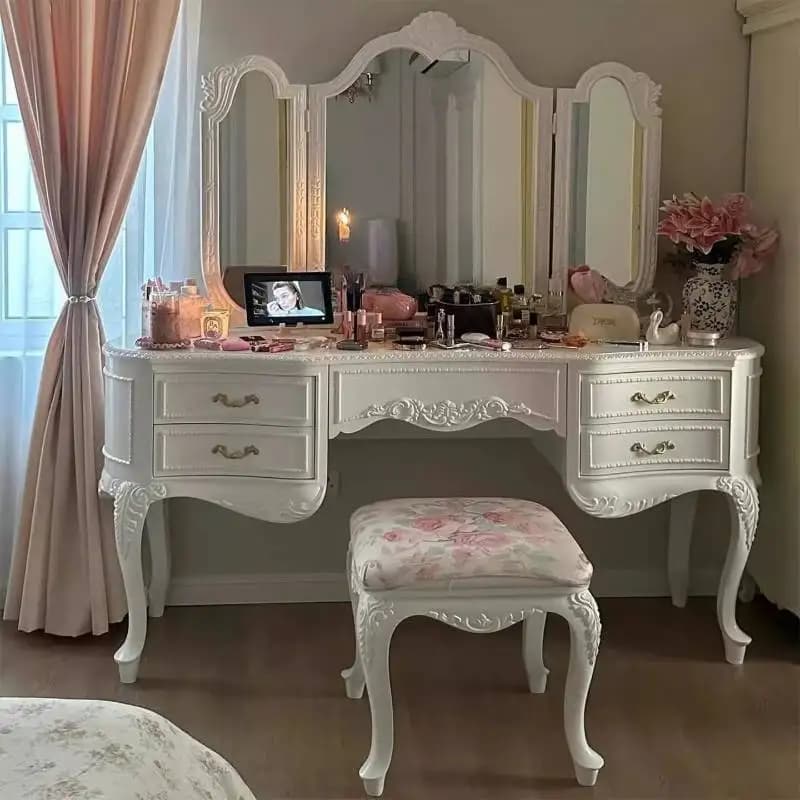 Table de toilette élégante et luxueuse, style européen, avec miroir dissimulé, moderne, blanche, gai