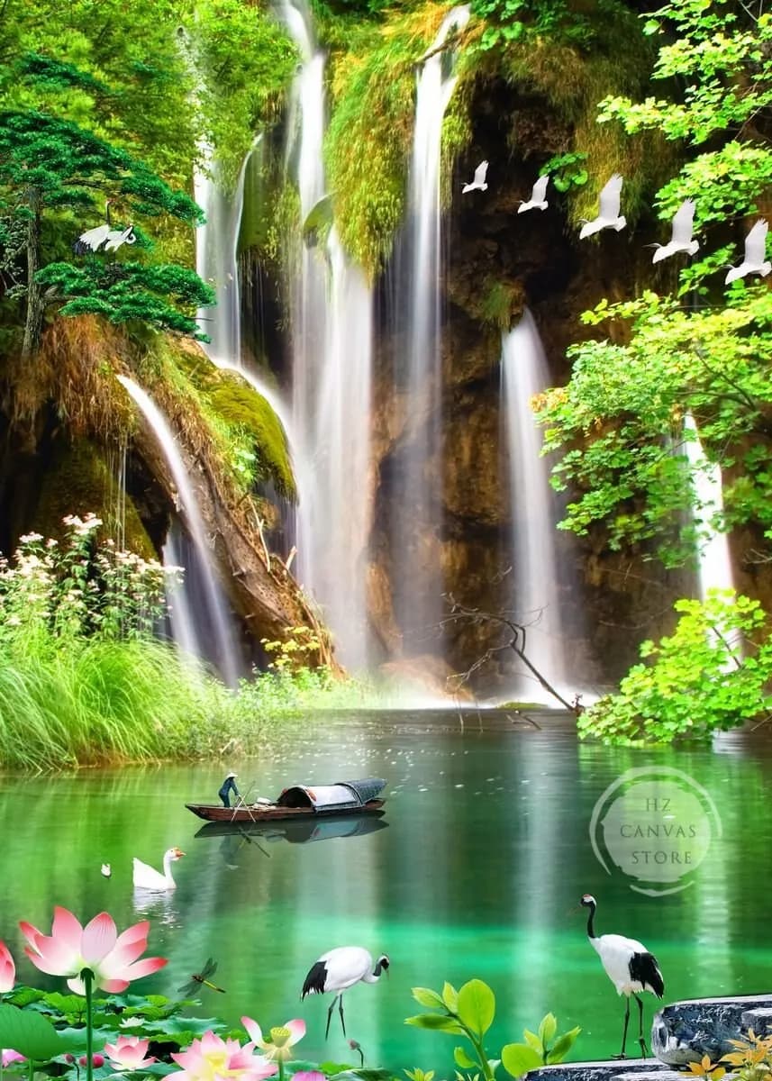 Superbe peinture sur toile de paysage de cascade, art mural de paysage de nature verte pour le salon