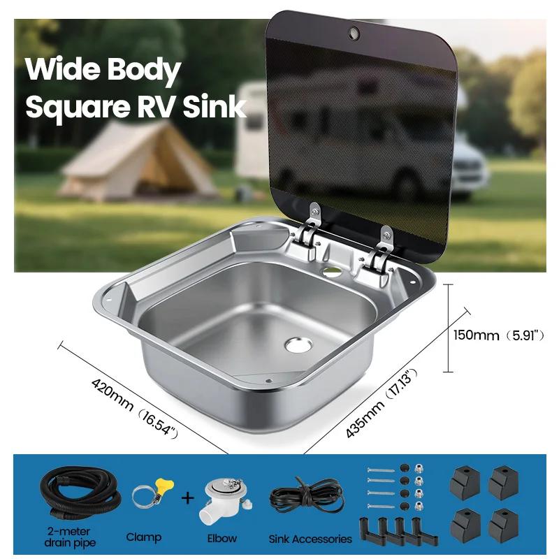 Évier de camping-car grand format 435x420mm avec robinet et couvercle pliable, cuve profonde en acie