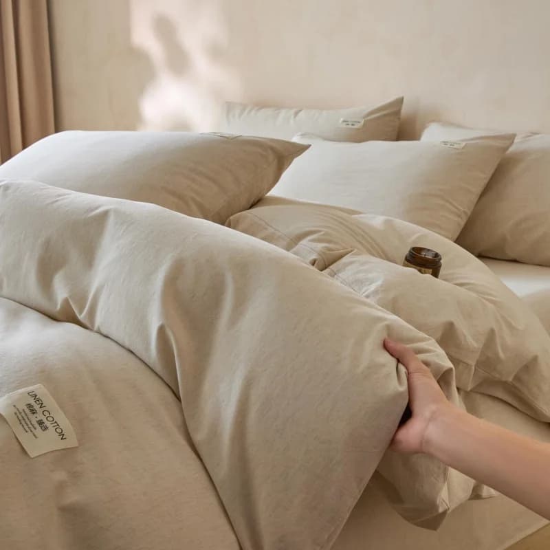 Parure de lit 4 pièces en lin et coton, ultra respirante et douce, housse de couette, drap et taies 