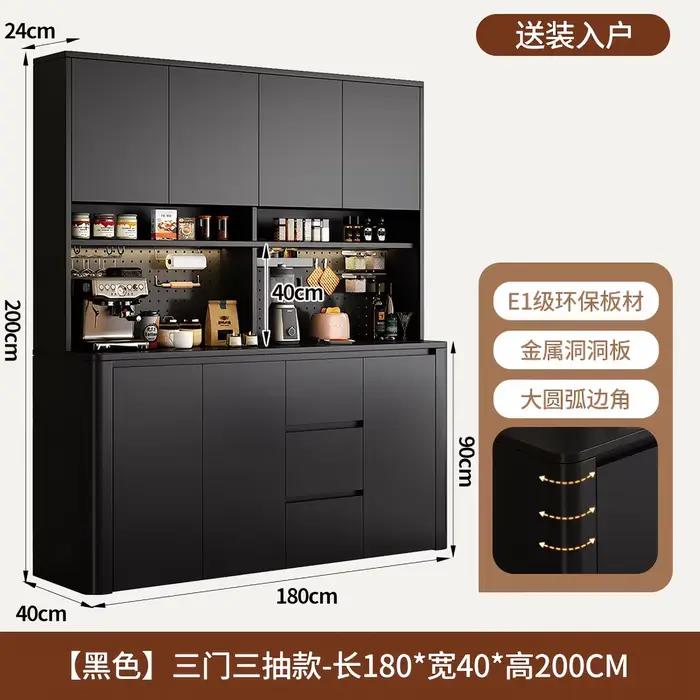Buffet en bois massif vintage noir avec porte-bouteilles, meuble de rangement mural intégré pour sal