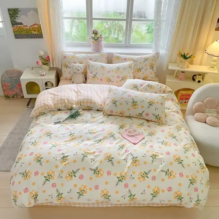 Parure de lit 100 % coton avec 2 taies d'oreiller et 1 drap - Parure de lit élégante et respirante,