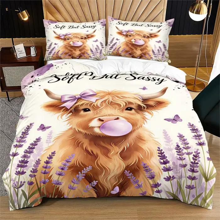 Parure de lit motif vache des Highlands et lavande, housse de couette, sans garnissage, impression H