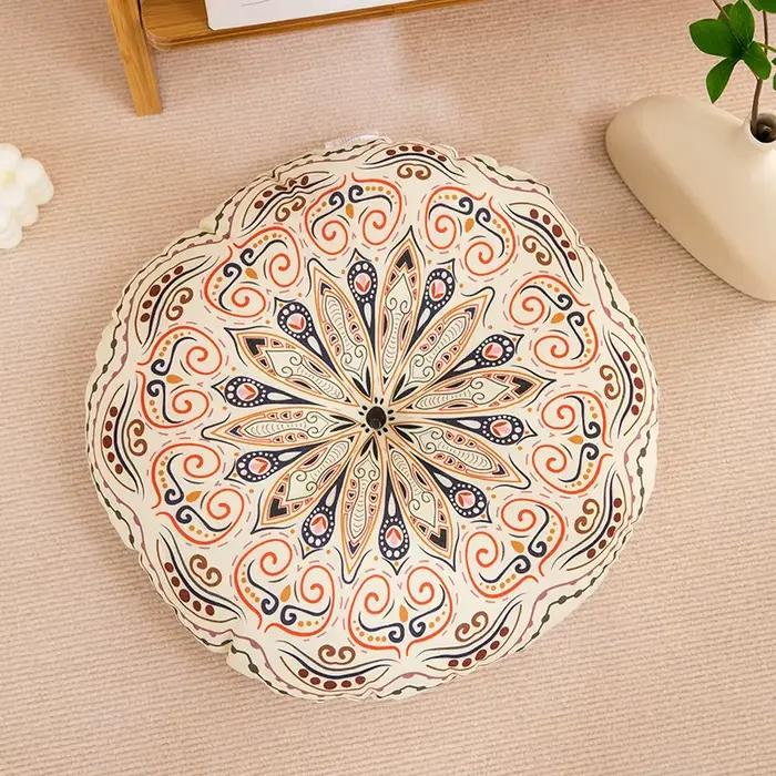 Coussin de chaise rond en coton et lin de Bohême, géométrique, coton et chanvre, méditation de yoga,