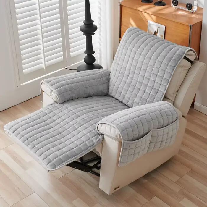 Housse de protection de canapé inclinable avec accoudoirs et poches, housse de fauteuil en peluche,