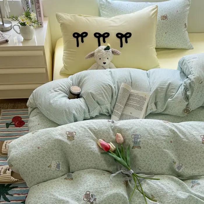 Parure de lit dessin animé Ins, serviette coréenne brodée, linge de lit, draps plats, 2 taies d'orei
