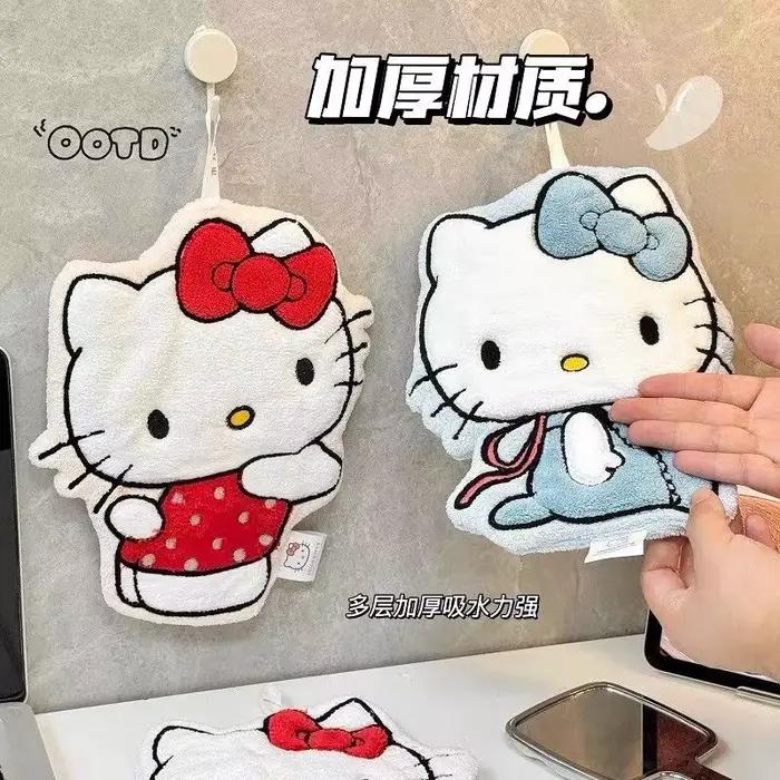 Hellokitty Kawaii – serviette de lavage des mains, dessin animé, Type suspendu, Double couche épaiss