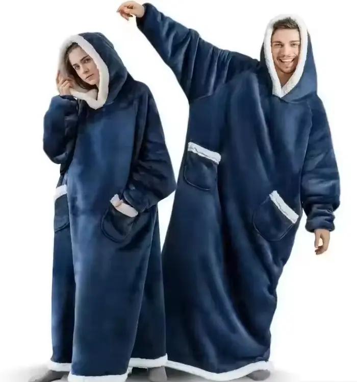 180cm Super longue flanelle couverture pyjamas avec manches hiver sweat à capuche femmes hommes pull