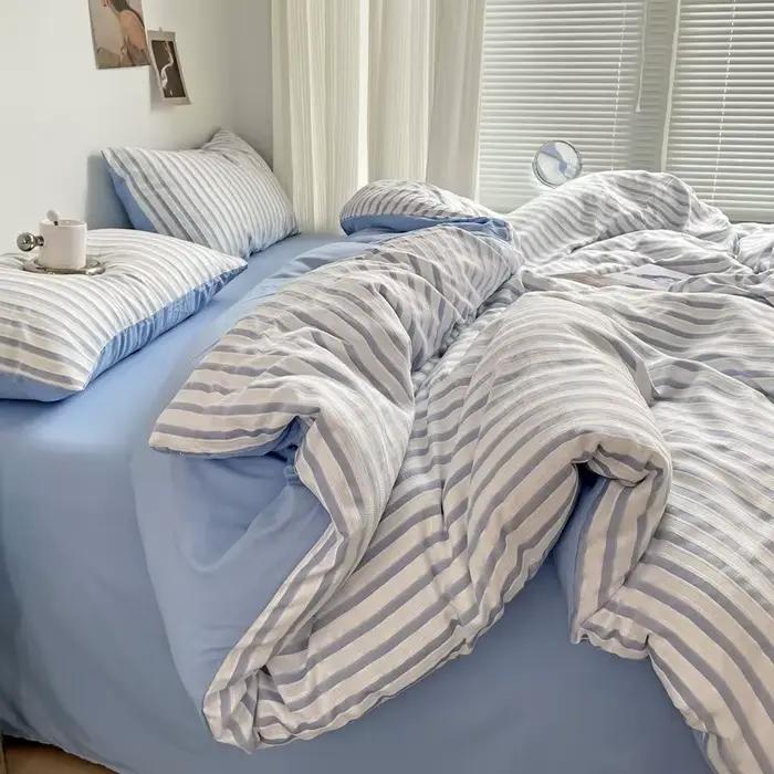 Parure de lit à rayures en coton lavé, ensemble de literie de style Ins, housse de couette, drap de