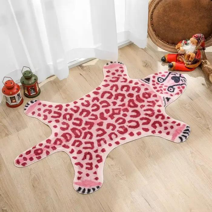Tapis rose imitation léopard en similicuir, antidérapant, lavable, imprimé Animal, pour salon et cha