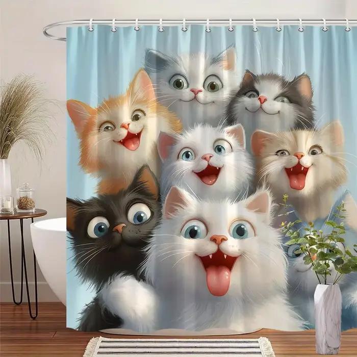 Adorable rideau de douche pour chats – 9 visages ludiques, 12 crochets, polyester lavable, cadeau po