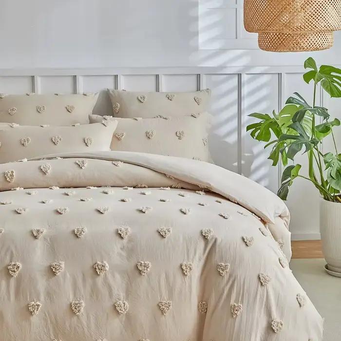 Parure de lit tuftée motif cœur 2/3 pièces en polyester doux kaki – Housse de couette + taie d'oreil