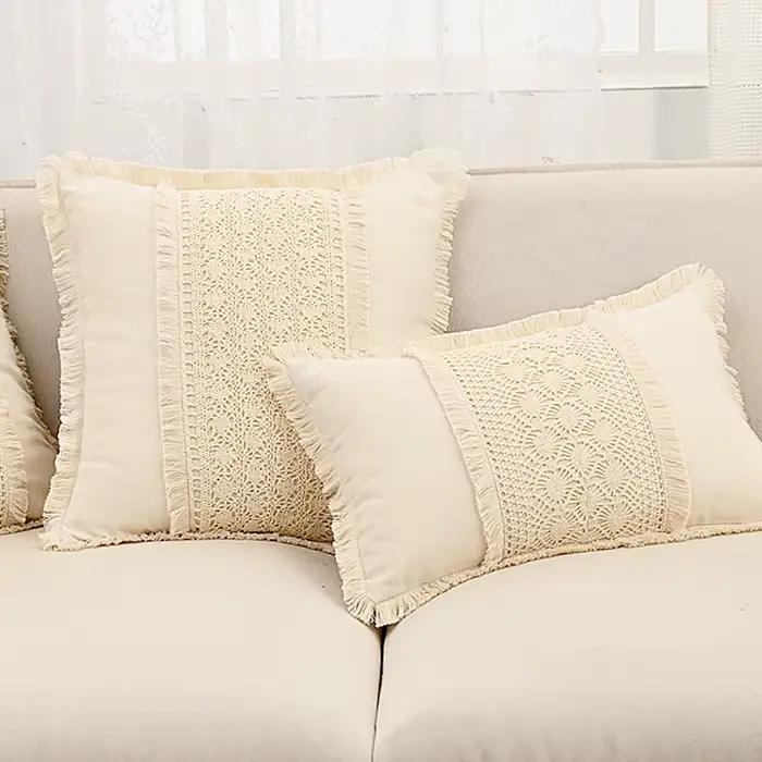 Housse de coussin bohème en coton et lin au Crochet