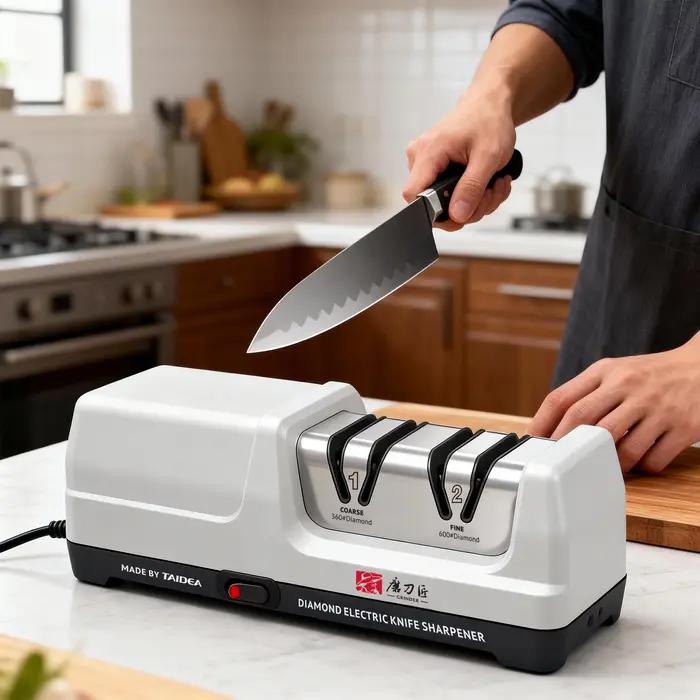 Aiguiseur de couteaux de cuisine électrique avec affûtage 100 % diamant – 20 ° Affûtage de précision pour une récupération instantanée de la tranchantise