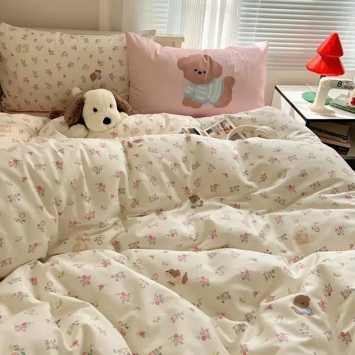 Parure de lit Ours Rose Adorable – Douce pour Enfants et Adultes – Housse de Couette, Drap Plat, Taie d'Oreiller – Tailles Simple, Double, Queen – Linge de Lit Complet pour la Maison