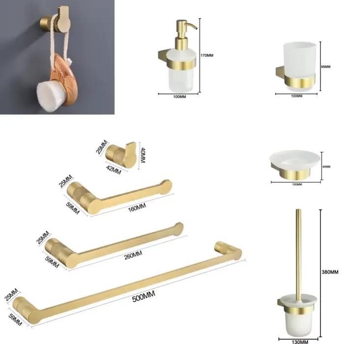 Ensemble d'accessoires de salle de bain en or brossé : Porte-brosse WC, Porte-papier toilette, Porte-serviettes, Porte-savon, Crochets et quincaillerie