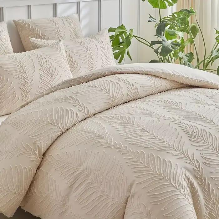 Ensemble de housse de couette à motif de feuilles en relief, 2/3 pièces, couleur unie, confortable, pour lit Queen ou King, avec taies d'oreiller