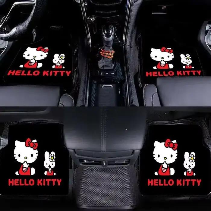 Ensemble de 4 pièces de coussin de voiture Hello Kitty, housse de sol Kawaii, tapis à motif de personnage de dessin animé, doux, décor pratique d'hiver, cadeau