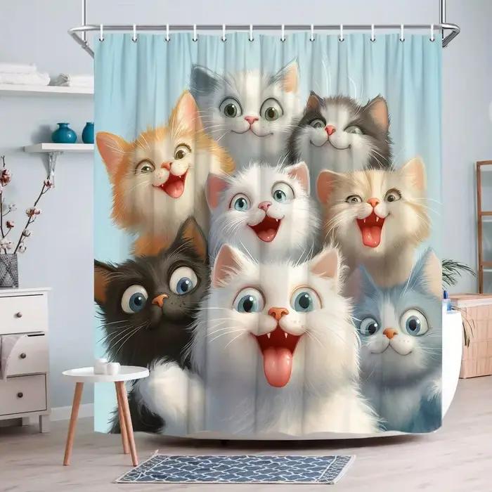 Adorable rideau de douche pour chats – 9 visages ludiques