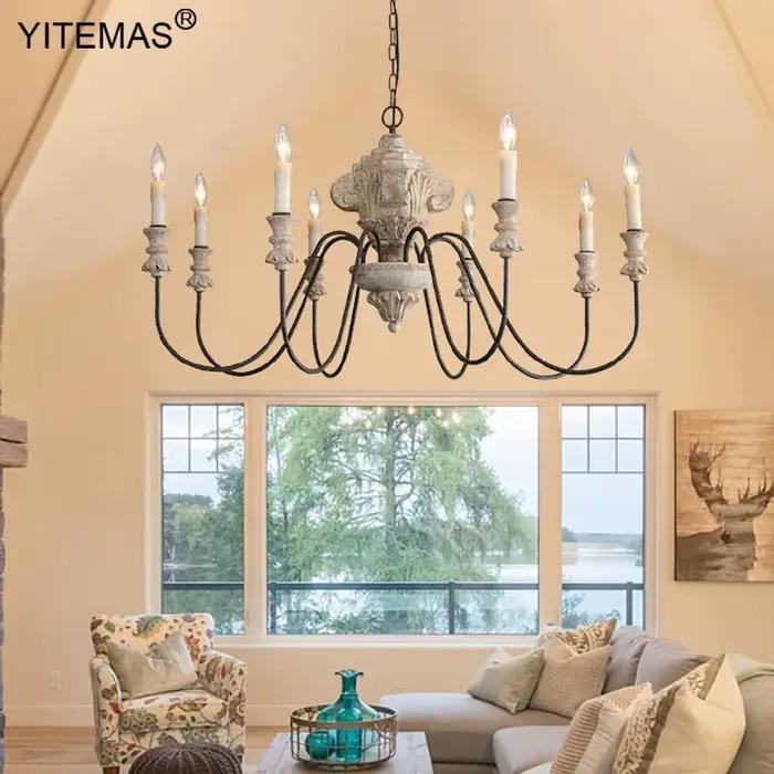 Grand lustre en bois 8 lumières Dia102Cm pour salon Villa hall ferme église rétro grands lustres pour Restaurant boutique