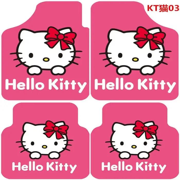 Ensemble de 4 pièces de coussin de voiture Hello Kitty, housse de sol Kawaii, tapis à motif de personnage de dessin animé, doux, décor pratique d'hiver, cadeau