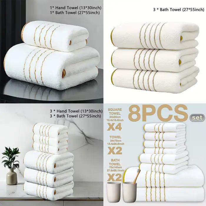 Ensemble de serviettes de bain multi-tailles (2/3/6/8 pièces) - Comprend des débarbouillettes, des serviettes à main et des serviettes de bain, blanc et gris avec bordure dorée, doux et absorbant