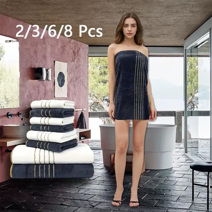 Ensemble de serviettes de bain multi-tailles (2/3/6/8 pièces) - Comprend des débarbouillettes, des serviettes à main et des serviettes de bain, blanc et gris avec bordure dorée, doux et absorbant