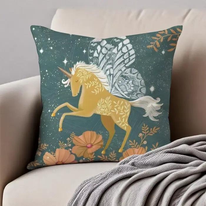 Housse de coussin licorne médiévale, art fantastique mystique, anti-acariens, fermeture éclair invisible, coussin de canapé en peluche courte