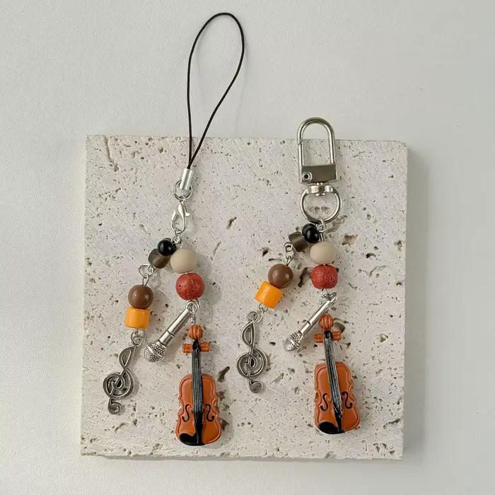 Violon Microphone perle musique porte-clés chaîne de téléphone portable Niche rétro sac pendentif Blackpack lanière accessoire porte-clés cadeaux