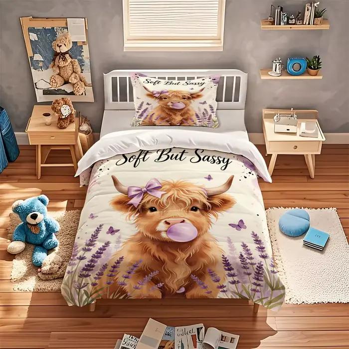 Parure de lit motif vache des Highlands et lavande