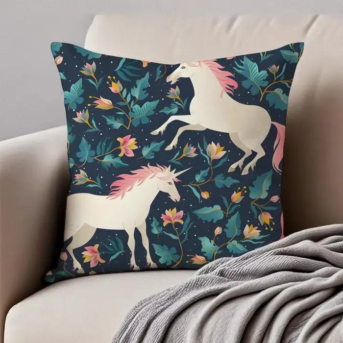 Housse de coussin licorne médiévale, art fantastique mystique, anti-acariens, fermeture éclair invisible, coussin de canapé en peluche courte